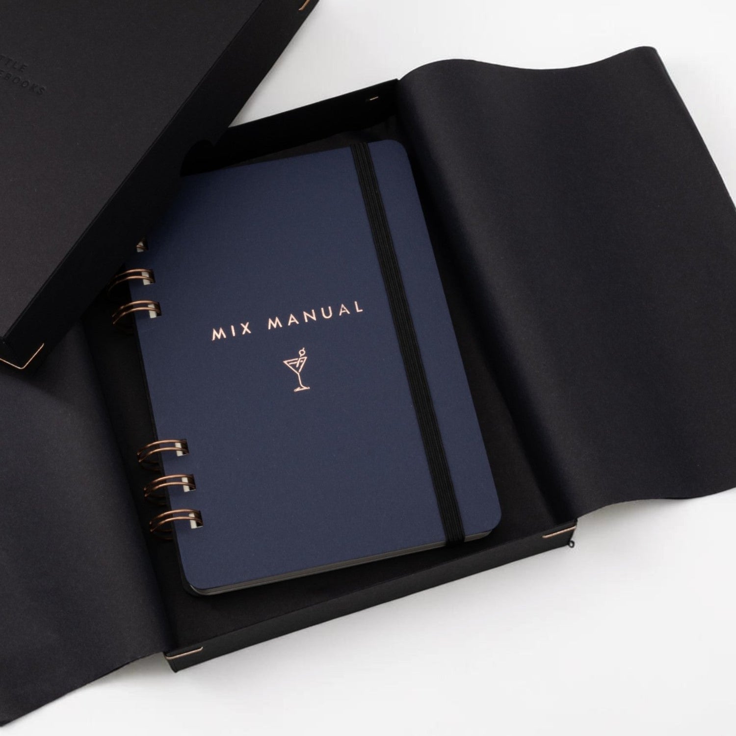 Blue notebook titled 'Mix Manual' with a black cover on a white background
